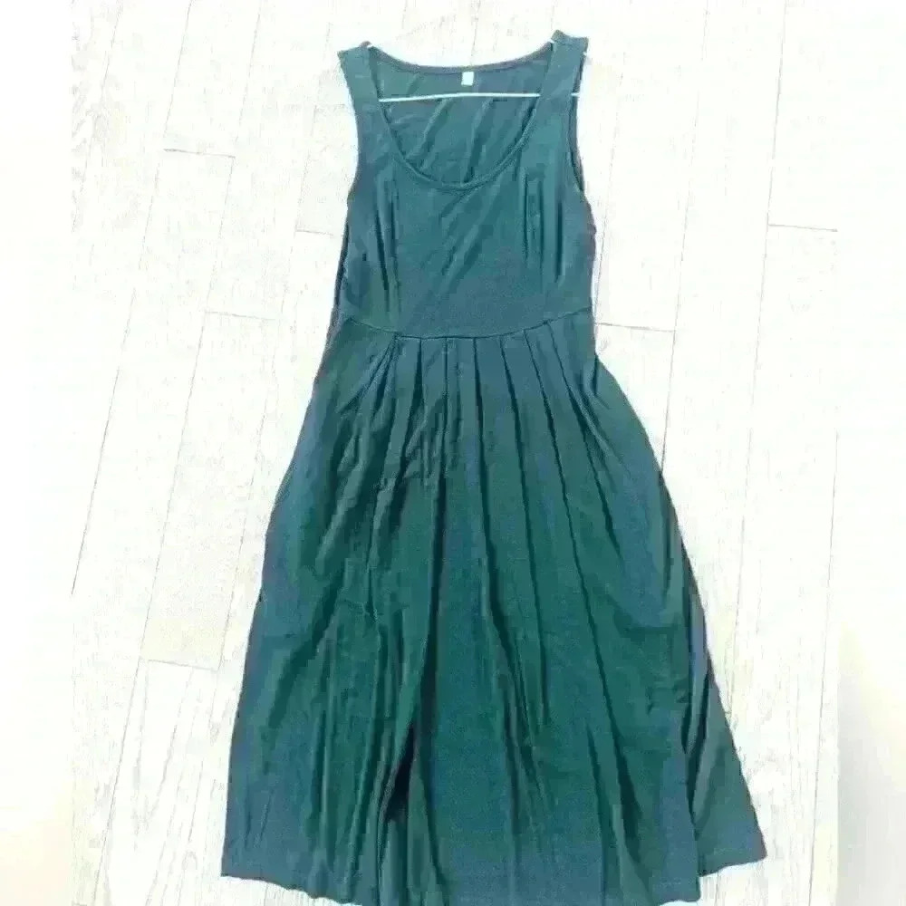 Green Pleated Jersey Dress with pockets  - XS